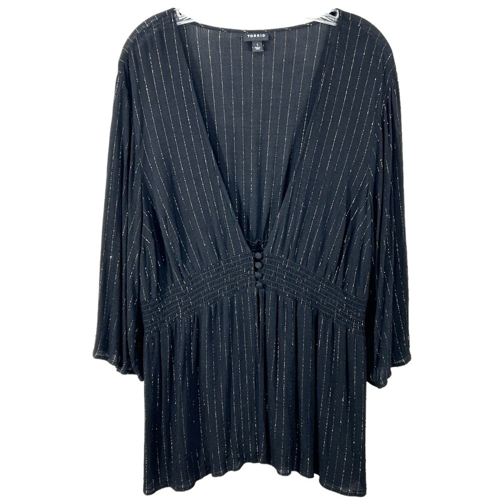 Torrid Black Gauze Button Front Smocked Babydoll Blouse  in Deep Black sz 1 1X